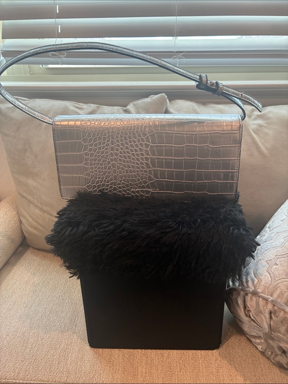 BCBGMaxAzria Silver Croc-Embossed Shoulder Clutch